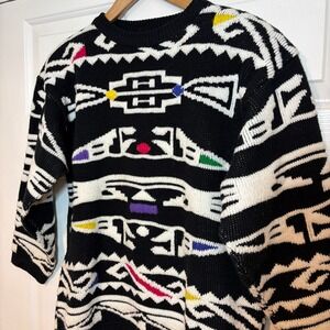 Sterling Harris Vintage 80s Geometric Tribal Abstract Knit Sweater M Black White